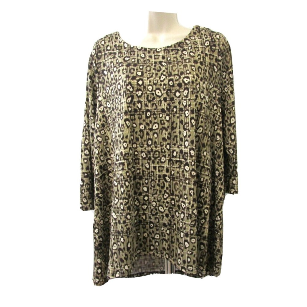 Zac & Rachel Woman Tunic Top Plus Size 1X Brown Tan Geometric Print 3/4 Sleeve